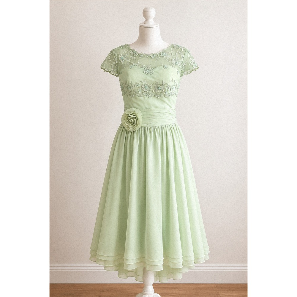Sage Green 1950s Vintage Style Cocktail‎ Dress Courthouse Wedding Chiffon Size M